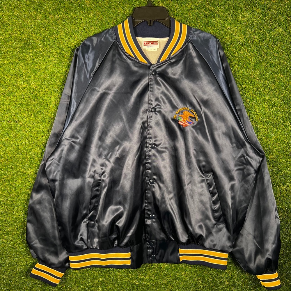 Vintage‎ Hartwell FBI National Academy Satin Bomber Jacket Navy Blue Mens L USA